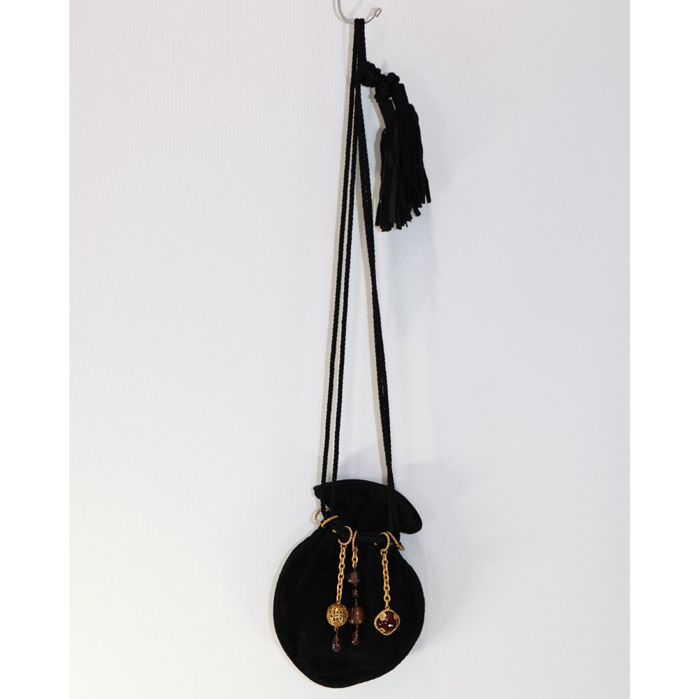 C0 Vintage DOMINIQUE AURIENTIS Black Velvet Pouch Bag Purse With Charm Dangles